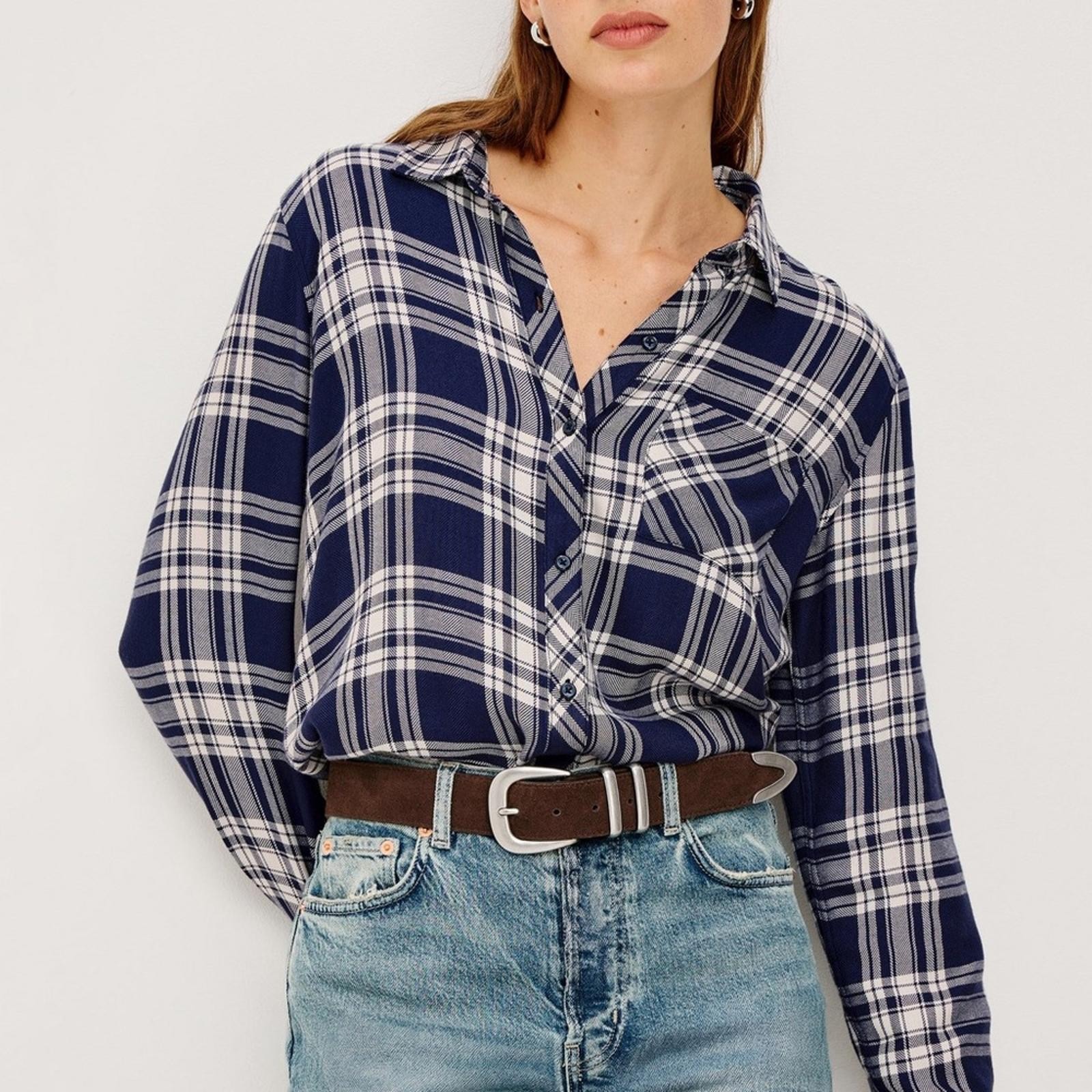 Rails Hunter Navy/White Buffalo Plaid Button Down Long Sleeve Shirt Womens Small